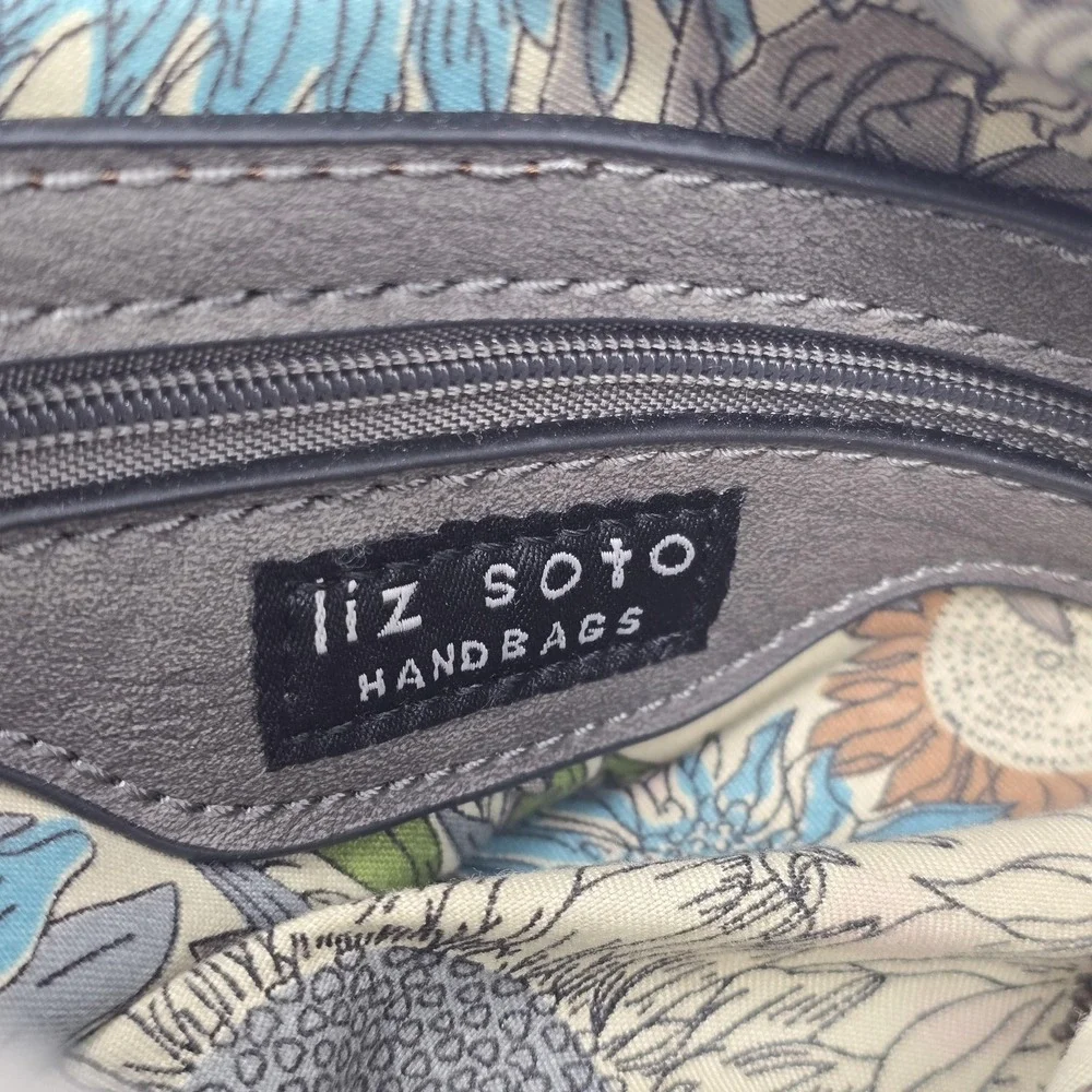 Liz‎ Soto Hobo Bag Womens Medium Gray Soft Faux Leather Crossbody Floral Lining